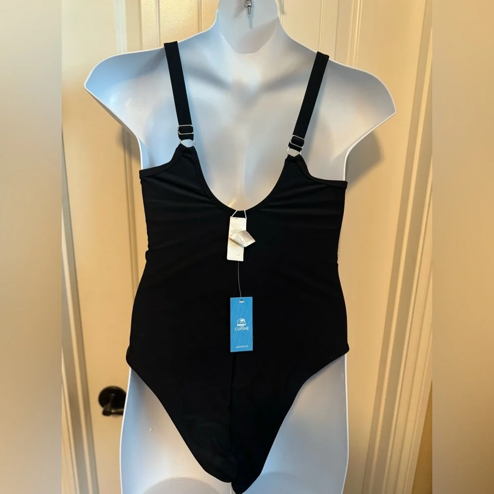 NWT CUPSHE One Piece Swimsuit Long Torso Bathing Suit Plunging Neck Mesh, Sz OX